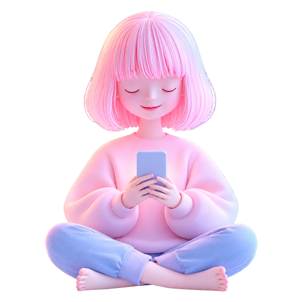 スマートフォンを手に、穏やかな表情で座るピンクの髪のキャラクター
