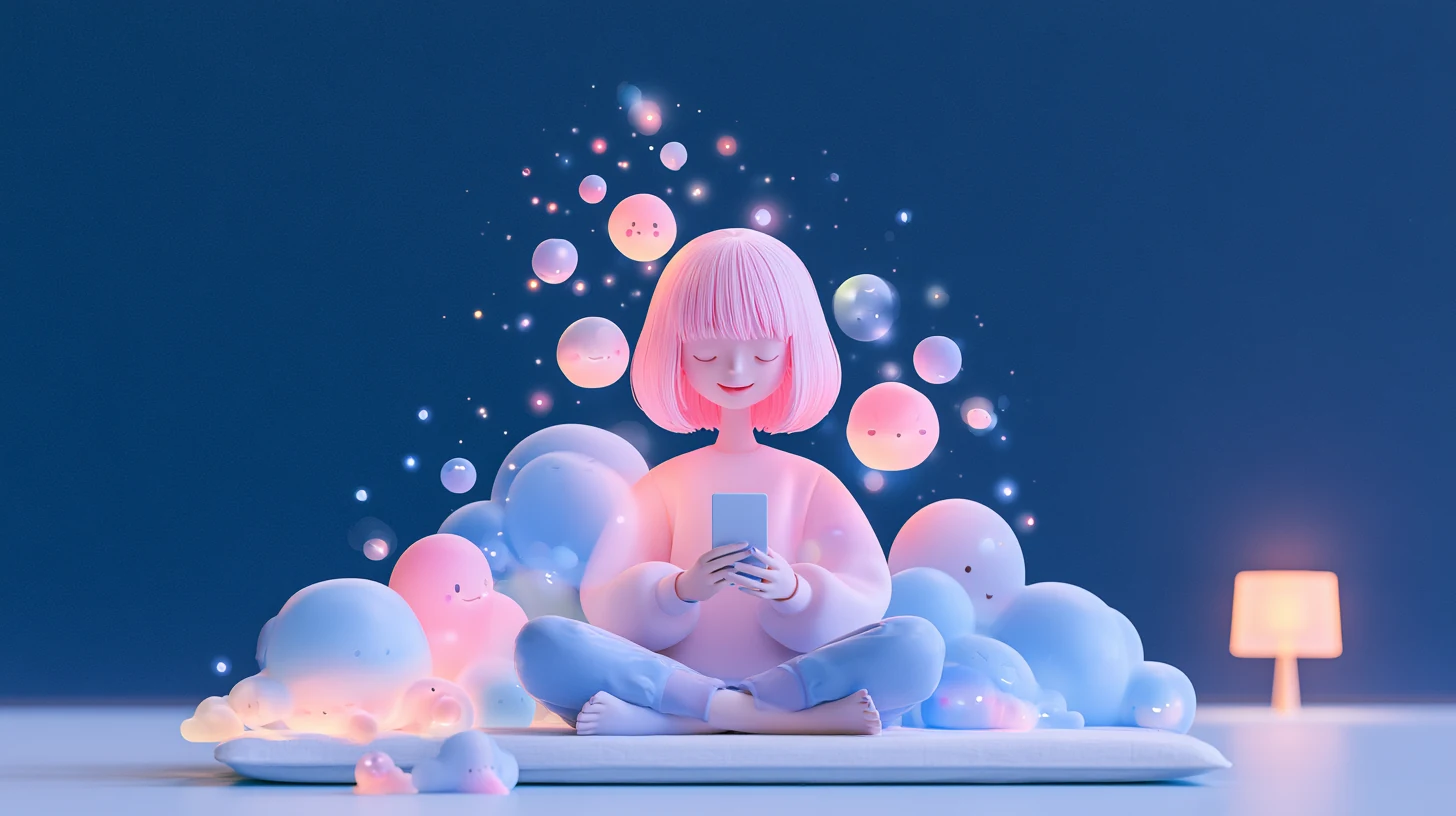 やわらかく光る気持ちのキャラクターに囲まれた、ここねの世界